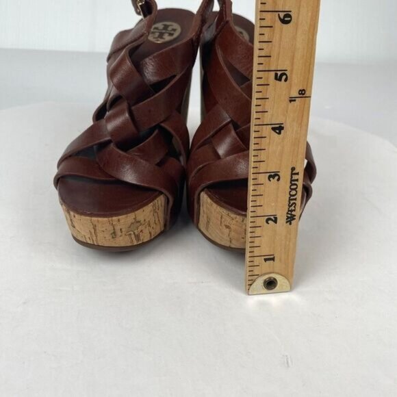 Tory Burch 7 M Ace High Wedge Platform Cork Slingback Heels Shoes Sandals Brown - Picture 11 of 16